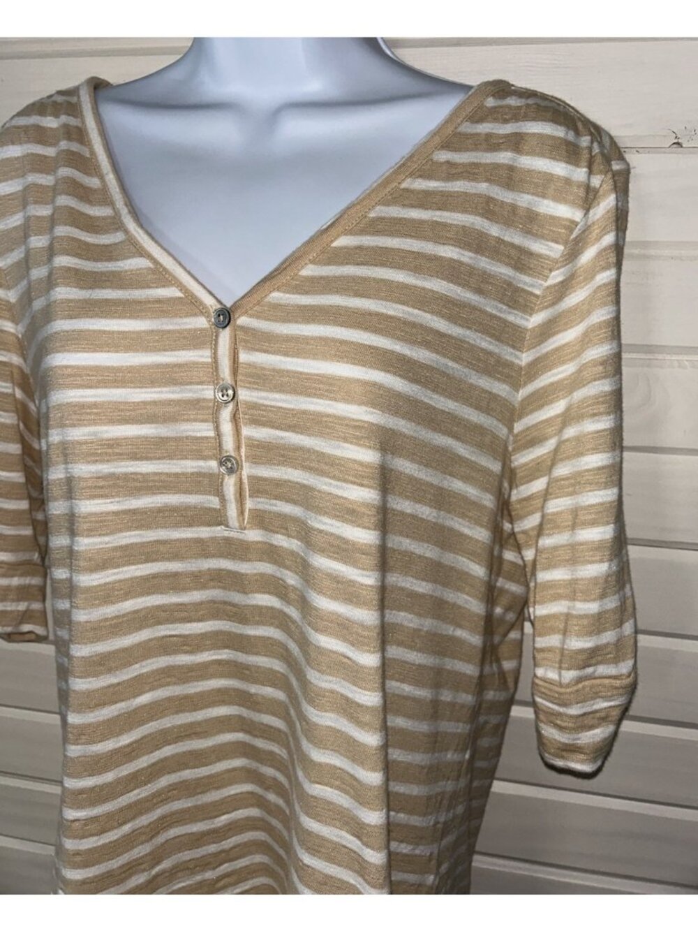 Chicos Sz 1 (MEDIUM) Khaki Stripe Elbow Sleeve Cotton Slub Knit Henley Tunic EUC